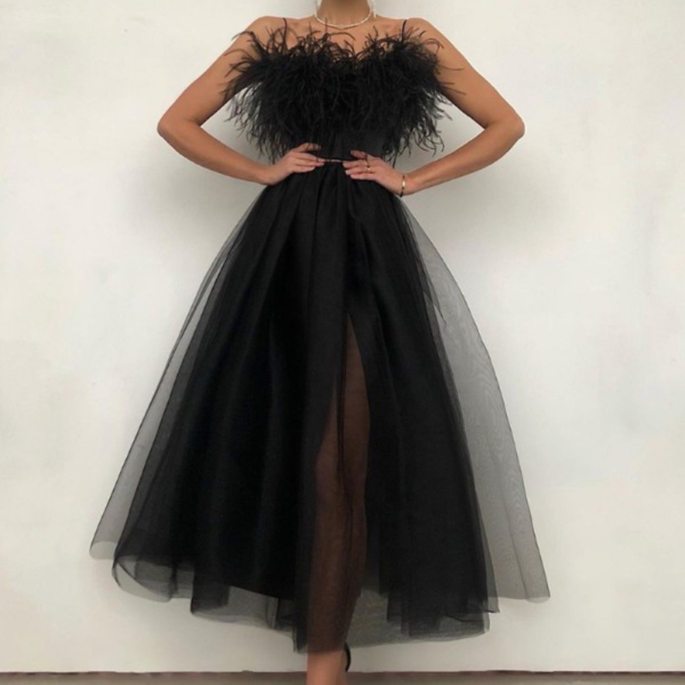 NWT Feather detail tulle mesh mid length dress NEW